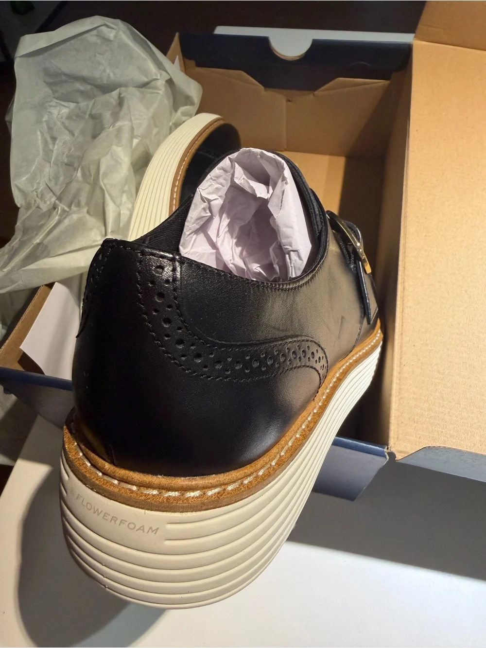 Cole Haan Black Leather Wingtip Derby with White Platform Sole